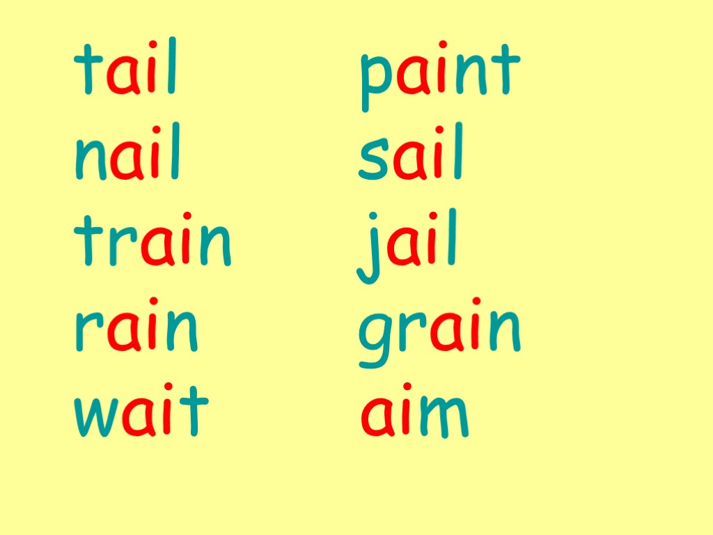 tail paint nail sail train jail rain grain wait aim